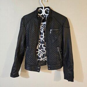 DKNY Women's Leather Motorcycle Jacket with Logo Lining - Size M